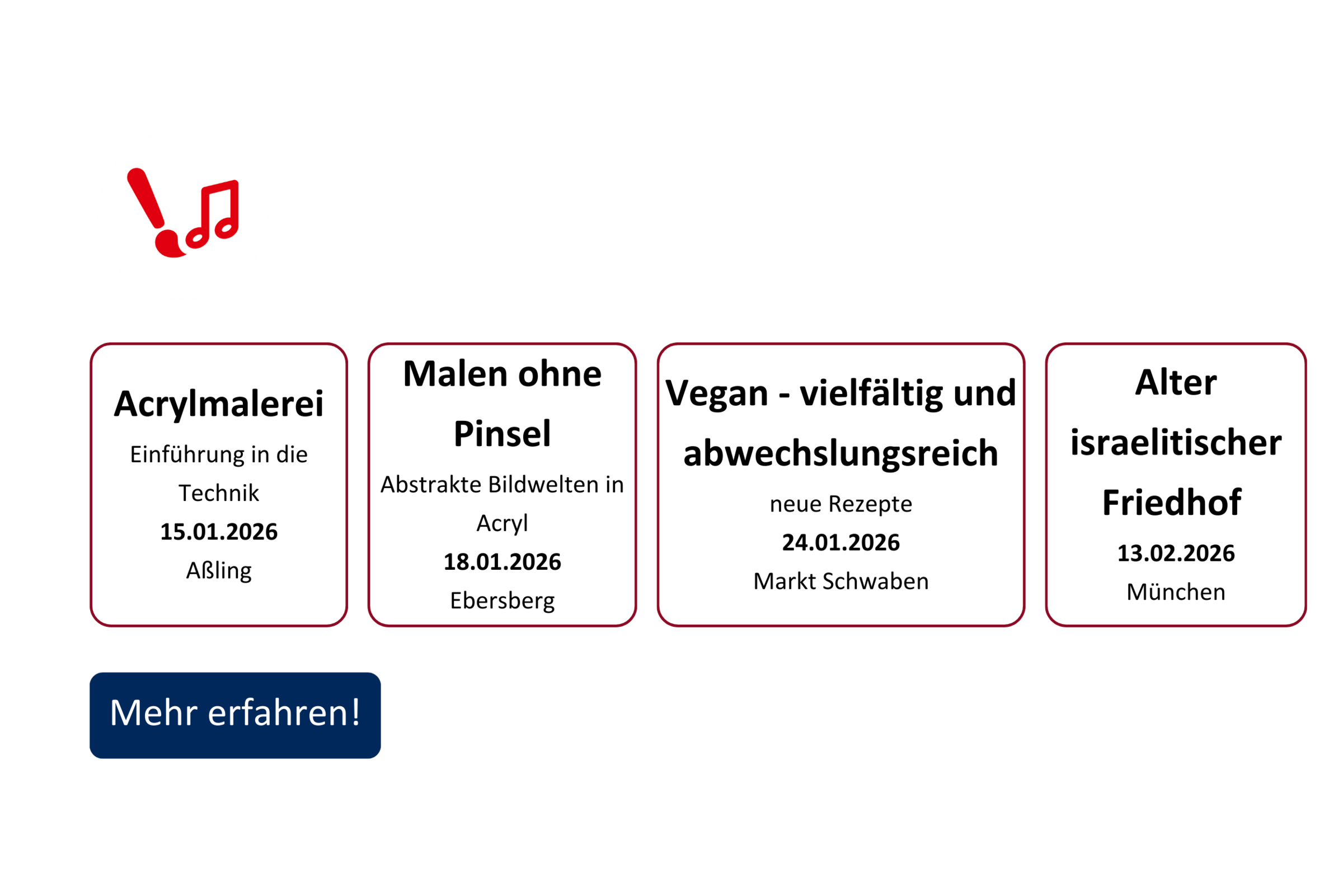 vhs demnächst Slider mit Kursen aus dem Fachbereich Kultur