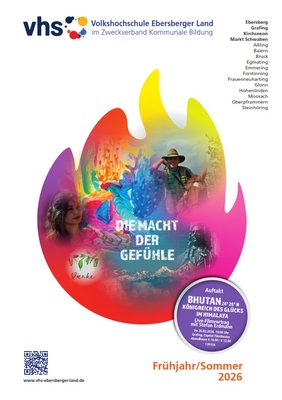 Programmheftcover mit zentralem Element Flamme mit mehreren Veranstaltungsbildern und Schriftzug "Macht der Gefühle"