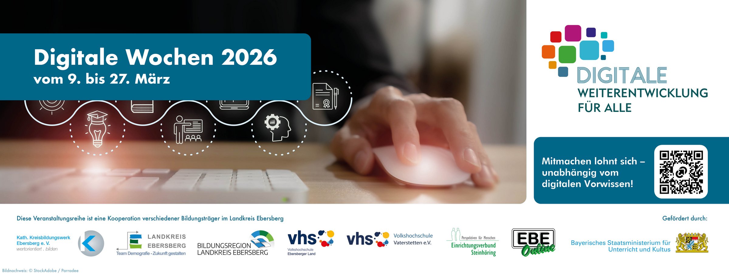 Werbebanner digitale Weiterbildung für alle 2026 mit Logos der Kooperationspartner und Tastatur mit Maus im Hintergrund