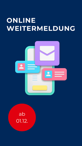 Smartphone-Icon, E-Mailsymbol und Visitenkartensymbole sowie Texthinweis OnlineWeitermeldung ins nächste Semester ab 01.12.