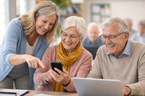 EDV-Kursleiterin erklärt Senioren Smartphone und Laptop in Kursraum