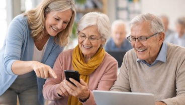 EDV-Kursleiterin erklärt Senioren Smartphone und Laptop in Kursraum