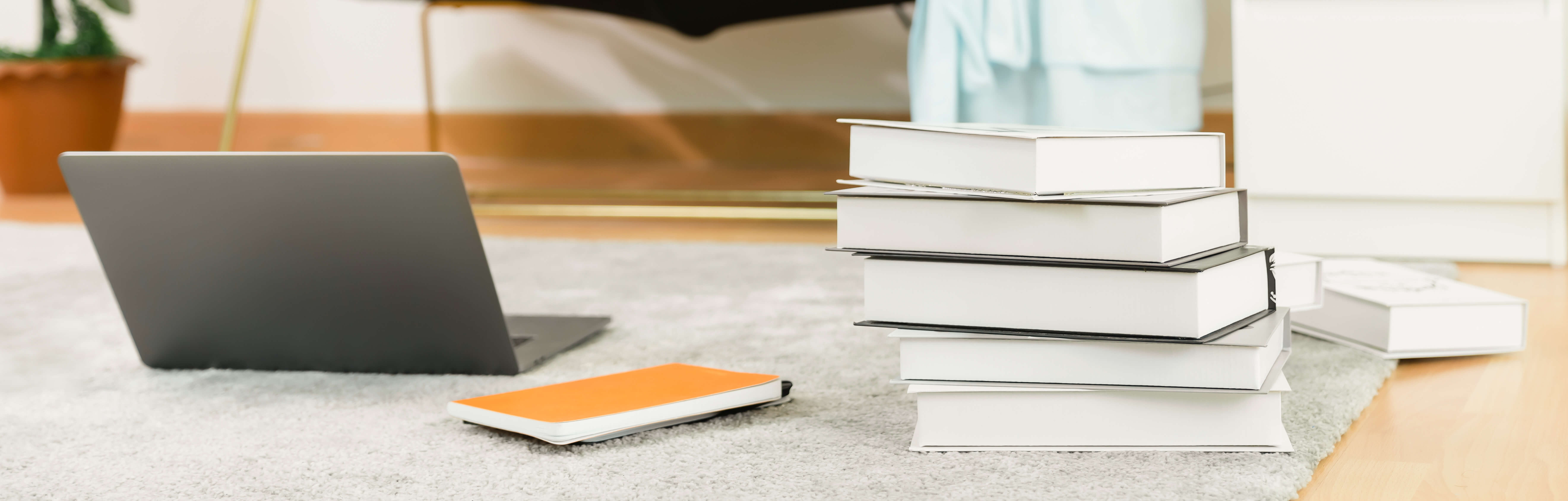 Laptop und Bücher liegen nebeneinander