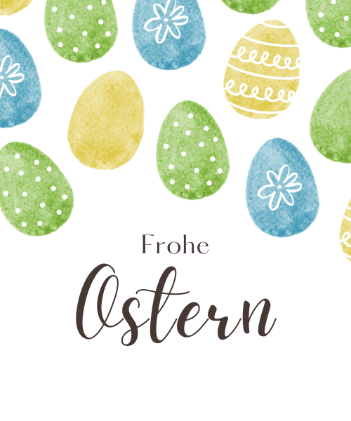 Bunte Ostereier und der Gruß "Frohe Ostern"